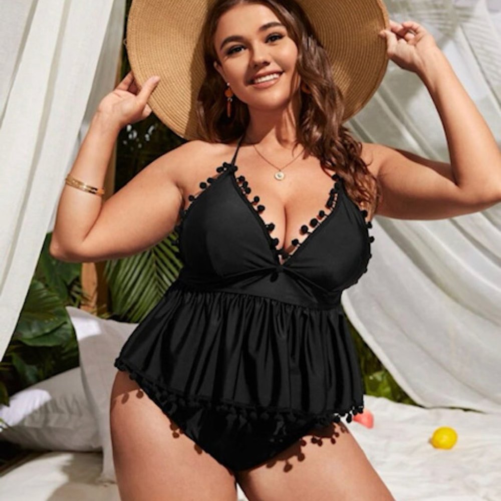 Black Pom Pom Ruffle Hem Tankini Set